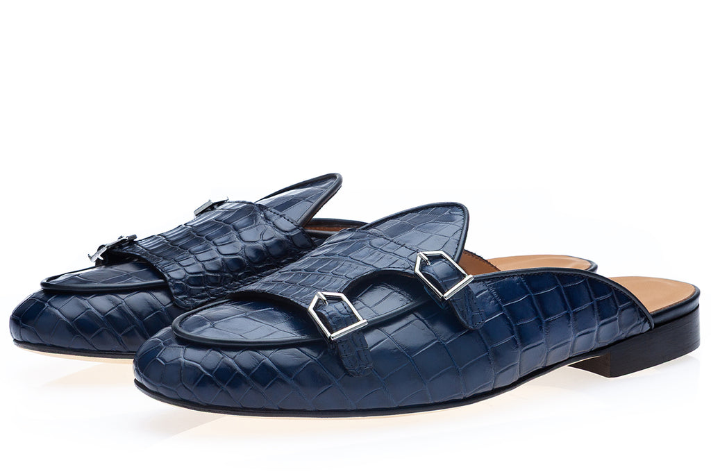 TANGERINE 7 CROCODILE NAVY MULES