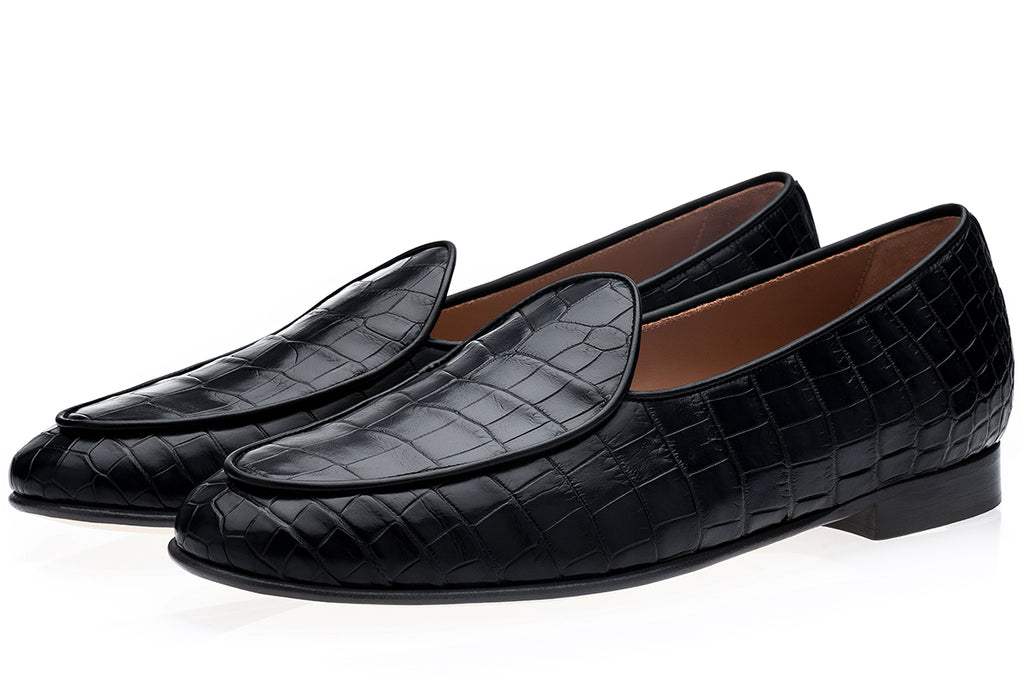 TANGERINE CROCODILE BLACK BELGIAN LOAFERS