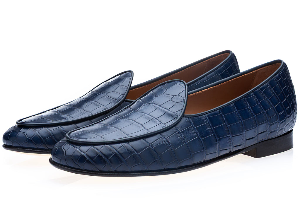 TANGERINE CROCODILE NAVY BELGIAN LOAFERS