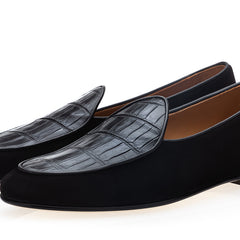 TANGERINE CROCOSUEDE BLACK BELGIAN LOAFERS | image 1