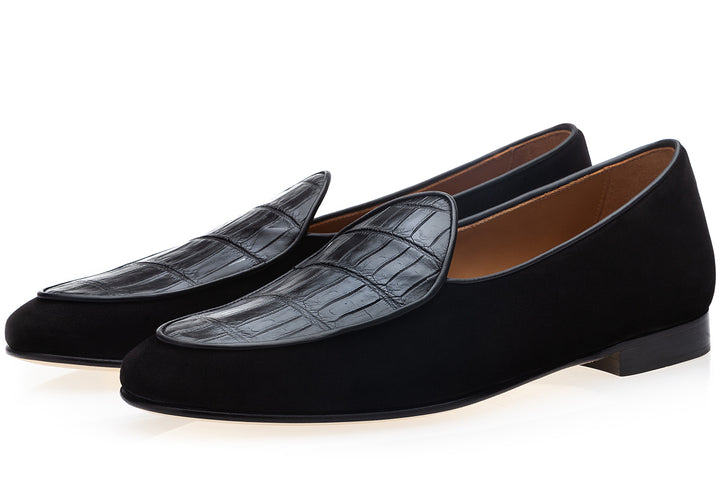 TANGERINE CROCOSUEDE BLACK BELGIAN LOAFERS