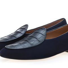 TANGERINE CROCOSUEDE NAVY BELGIAN LOAFERS | image 1